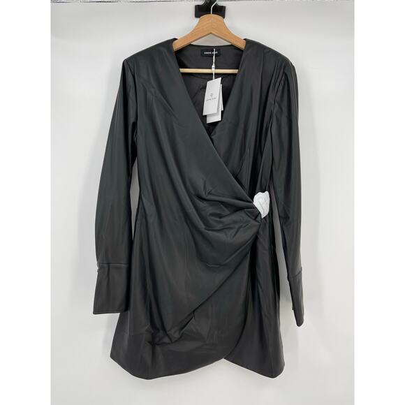 Anine Bing | NWT Joey Dress Black Faux Leather Wrap Mini Dress M - Picture 5 of 13